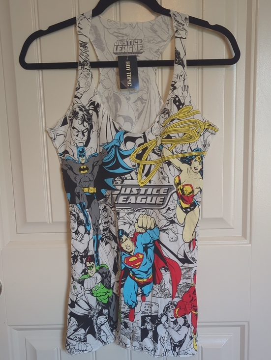 Hot Topic Tops - Hot Topic Justice League Comic Tank Top in White, Black, Blue, Red, Yellow